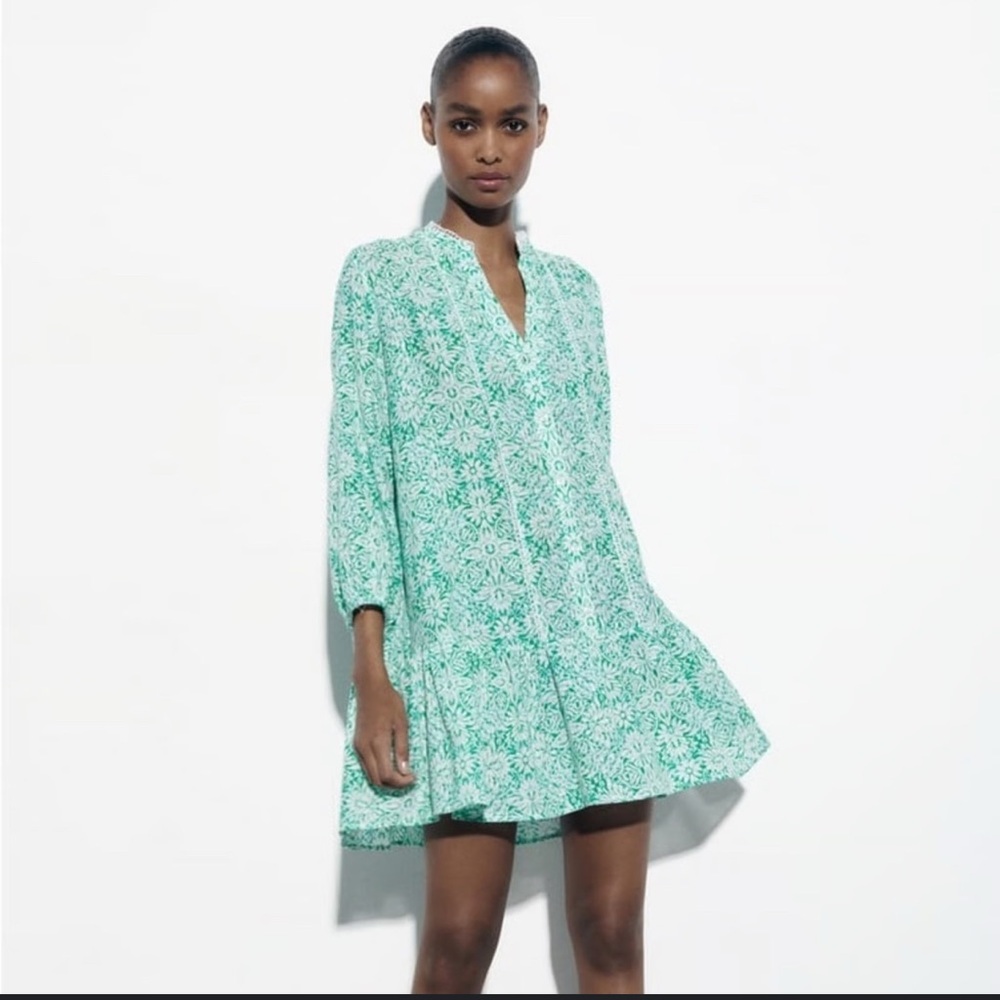 NOWT Zara  Teal and White Printed Mini Dress